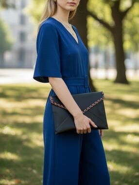 REBECCA MINKOFF Leo Braided Clutch Leather Envelope Bag Slim Black Dustbag